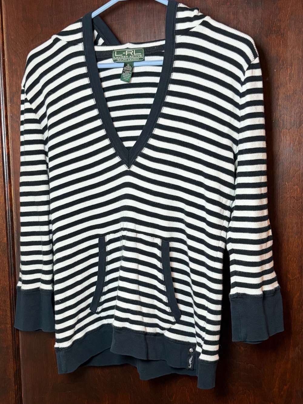 Lauren Ralph Lauren Women’s Shirt XL Striped Hood Cotton Waffle Knit Black White